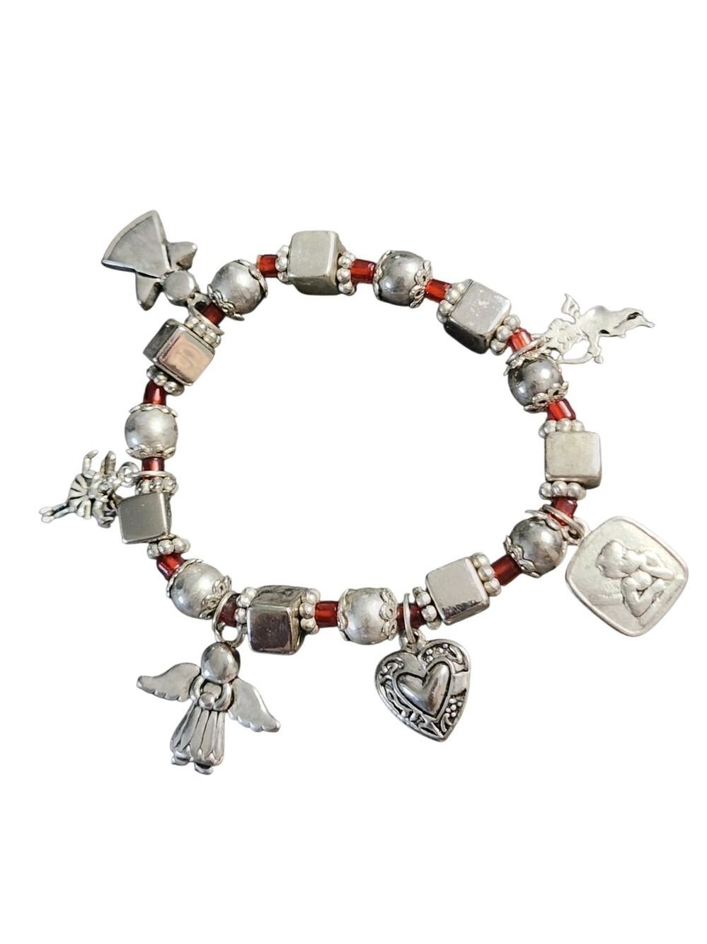 Silvertone and Red Angel Charm Stretch Bracelet